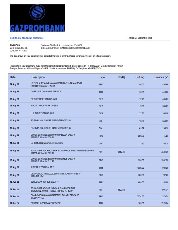 Modèle Word et PDF de relevé de compte de Gazprombank